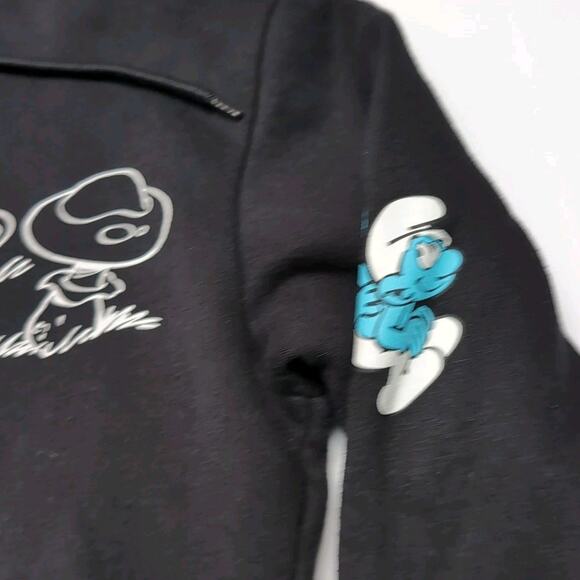 Smurfs Fleece Hoodie Womens M Black Pockets Mushroom Graphic Print Sweatshirt - Picture 12 of 16